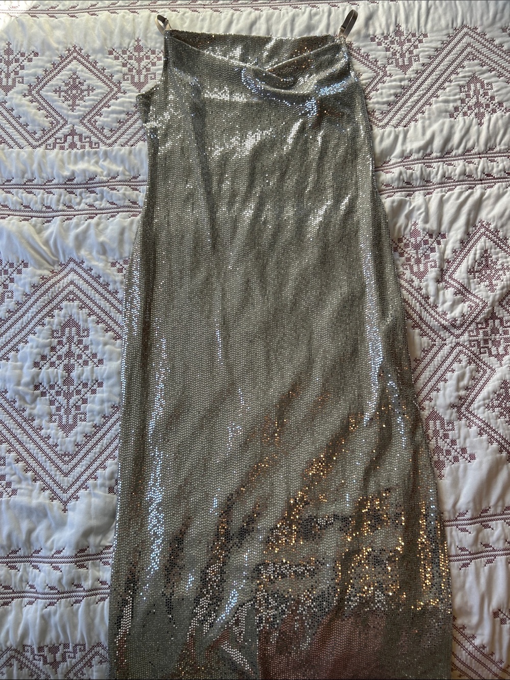 bebe Silver Sequin Cowl Neck Slip Dress